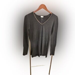 Ecru Long-Sleeve Charcoal Sweater with Sparkle Around V -Neck Size 2